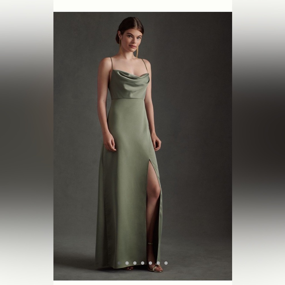 BHLDN Remy Cowl-Neck Faux-Wrap Satin Gown Moss Green , worn once